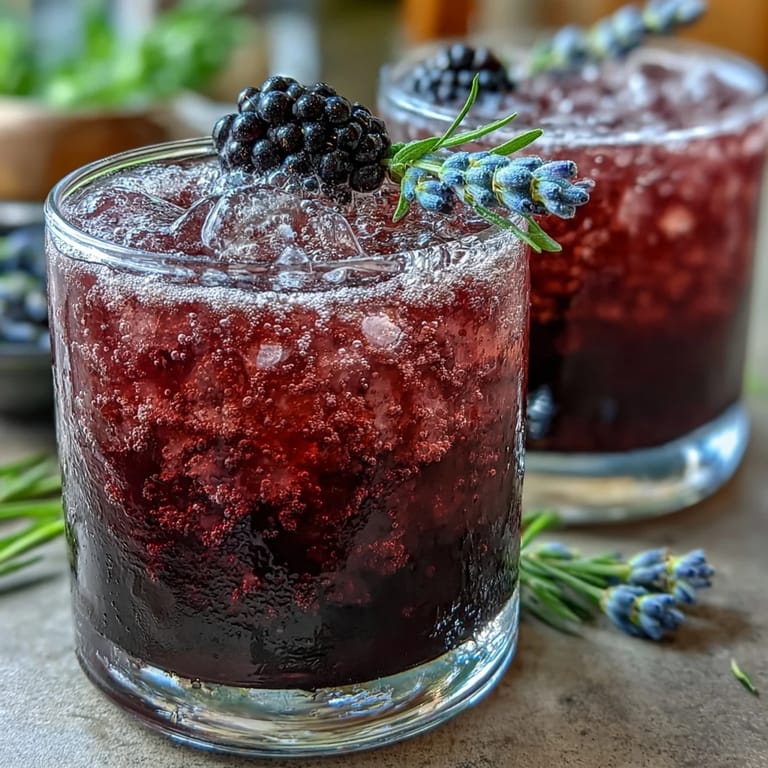 A tall glass of refreshing Blackberry Lavender Lemonade Fizz, bursting with floral flavor.