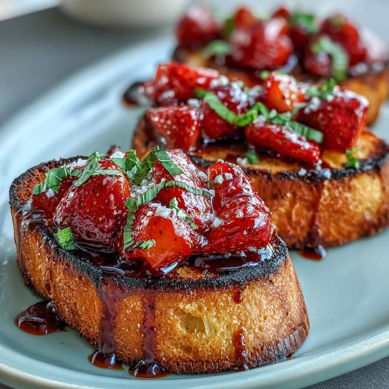 Sweet strawberries and tangy glaze atop crusty grilled sourdough bruschetta appetizer.