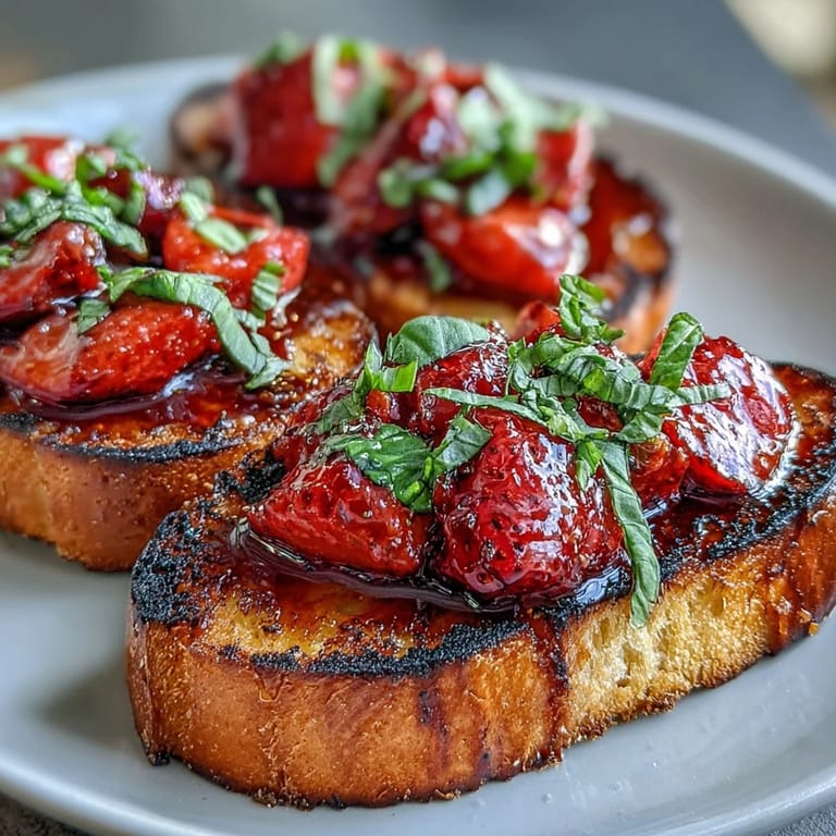 Juicy strawberry balsamic bruschetta, a delicious party starter on toasted bread.