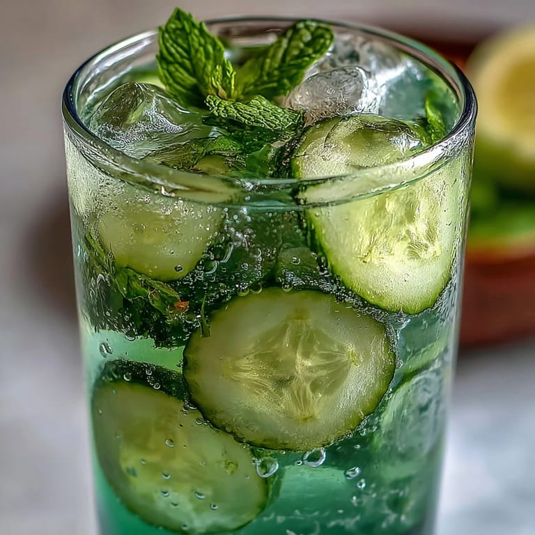 Vibrant Sparkling Cucumber Mint Lemonade Mocktail presented beautifully with citrus slices.