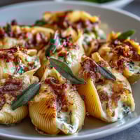 Golden-brown baked Pumpkin & Gouda Stuffed Shells swimming in creamy sage Alfredo sauce.