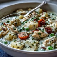 Creamy slow cooker chicken pot pie soup with tender chicken and vegetables in a rich, buttery broth, topped with flaky biscuits.