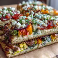 St. Patrick's Day Rainbow Veggie Flatbread Pizza with colorful vegetables arranged in vibrant rows over melted cheese and fresh herbs.