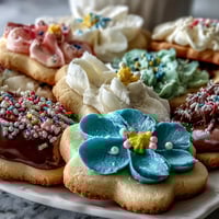 Delicate flower-shaped shortbread cookies with vibrant royal icing, perfect for a spring dessert platter.  