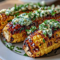 Close-up of grilled corn with four vibrant herbed butters, a summer delight.