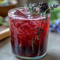 Vibrant Blackberry Lavender Lemonade Fizz served with fresh berries and herbs.