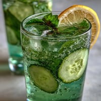 Sparkling Cucumber Mint Lemonade Mocktail glistening with ice and fresh garnishes.